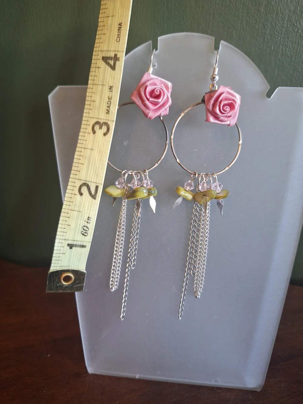 Pink Rose Hoop Earrings with Silver Chain Tassels